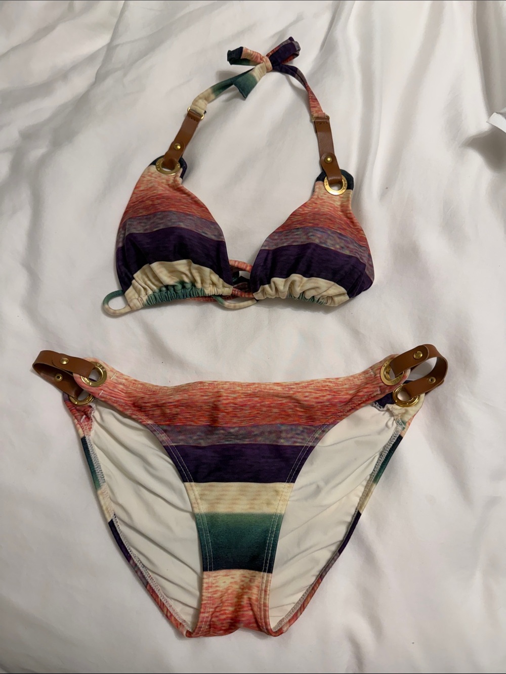 Striped Halter Bikini in Purple, Green, Cream and Orange